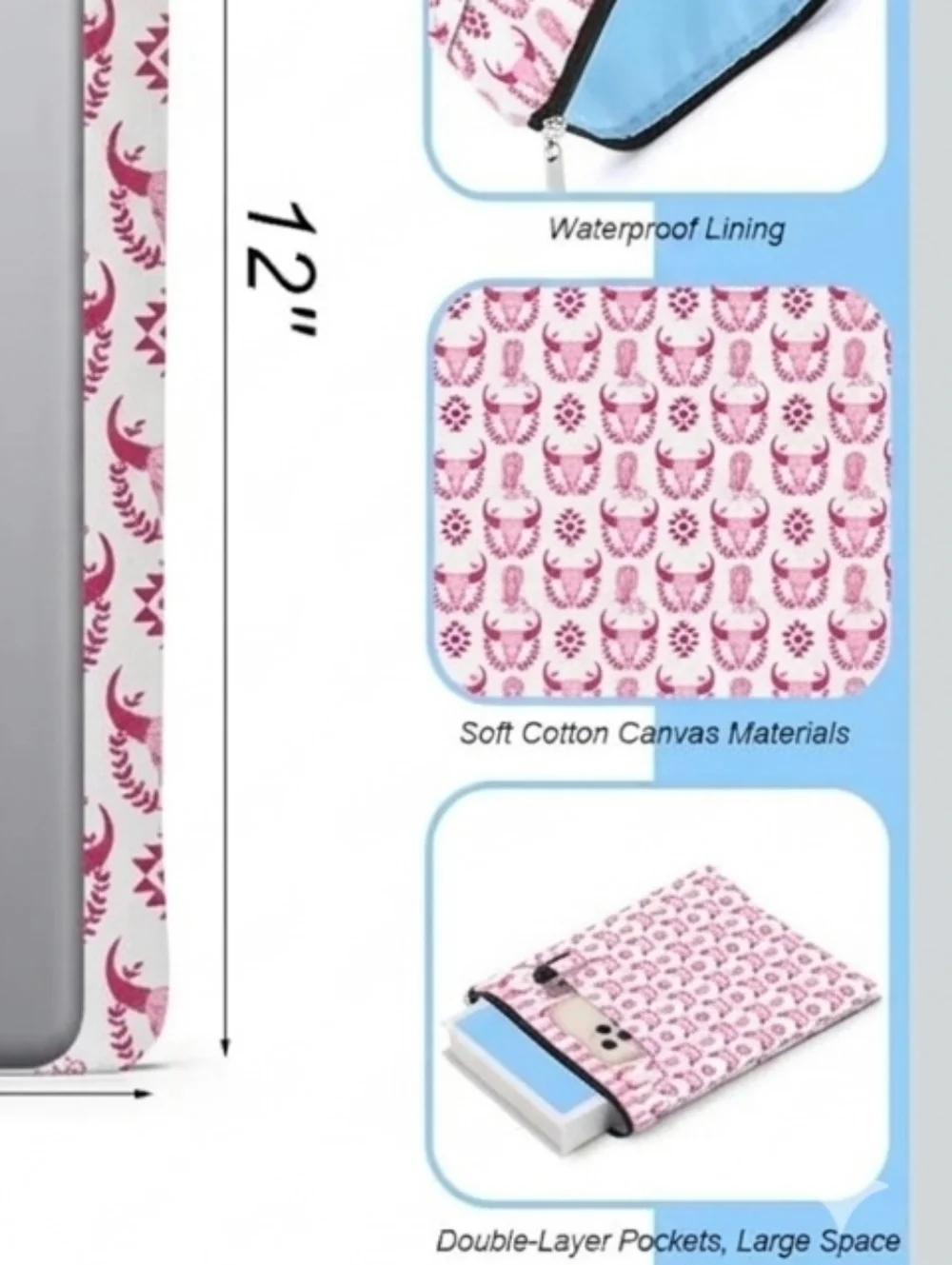 Western Chic Bull Padded Book Sleeve Cover Pouch Tablet Case NWT Book Lover Gift